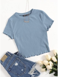 Solid Lettuce Trim Rib-knit Tee