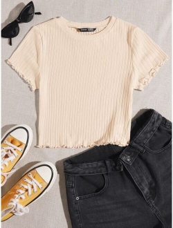 Solid Lettuce Trim Rib-knit Tee