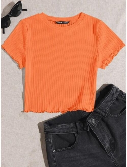 Solid Lettuce Trim Rib-knit Tee