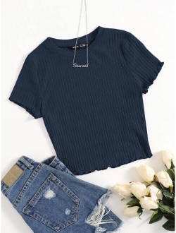 Solid Lettuce Trim Rib-knit Tee