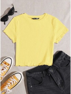 Solid Lettuce Trim Rib-knit Tee