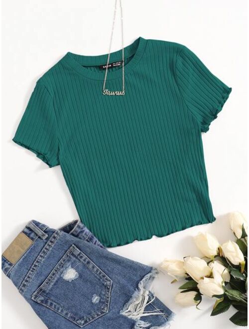 Shein Solid Lettuce Trim Rib-knit Tee