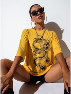 Chinese Dragon Graphic Oversized Longline Tee