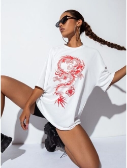 Chinese Dragon Graphic Oversized Longline Tee