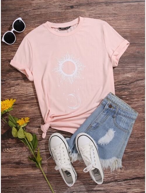 Shein Abstract Sun And Moon Print Tee