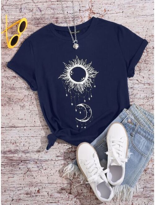 Shein Abstract Sun And Moon Print Tee