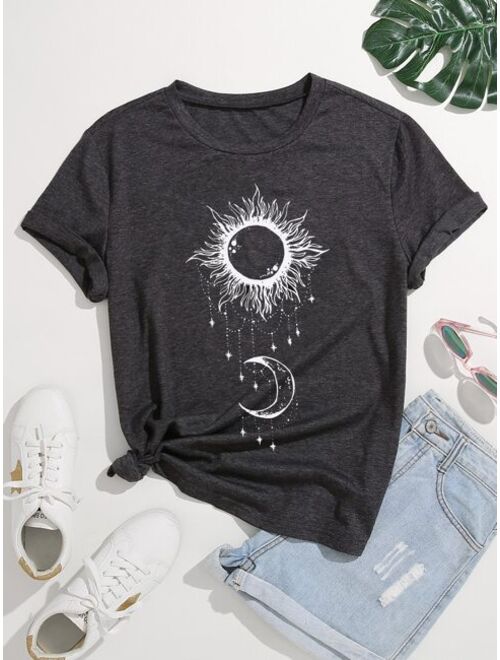 Shein Abstract Sun And Moon Print Tee