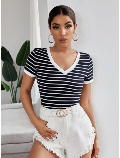 Shein Striped V Neck Tee