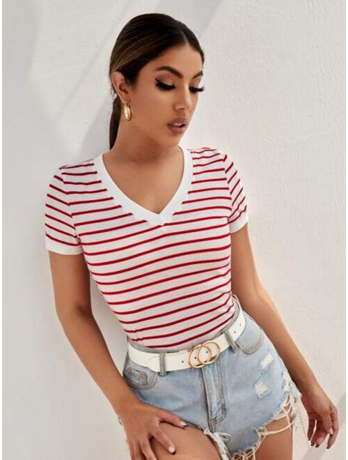 Shein Striped V Neck Tee