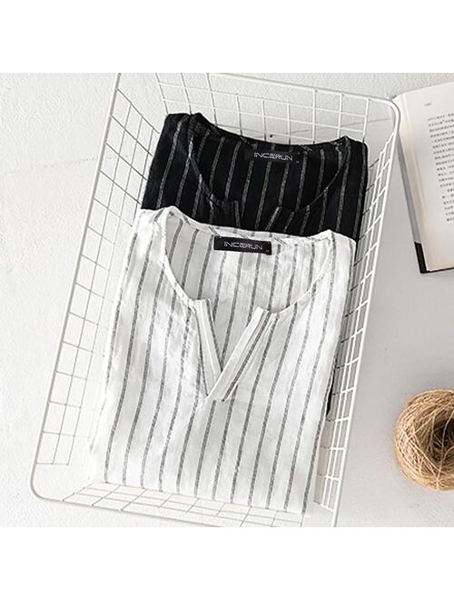 Summer Men Striped Shirt Brand V Neck Breathable Chic Short Sleeve Camisas Vintage Streetwear Casual Pullover S-5XL