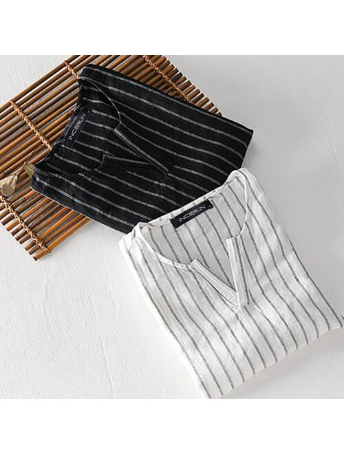 Summer Men Striped Shirt Brand V Neck Breathable Chic Short Sleeve Camisas Vintage Streetwear Casual Pullover S-5XL