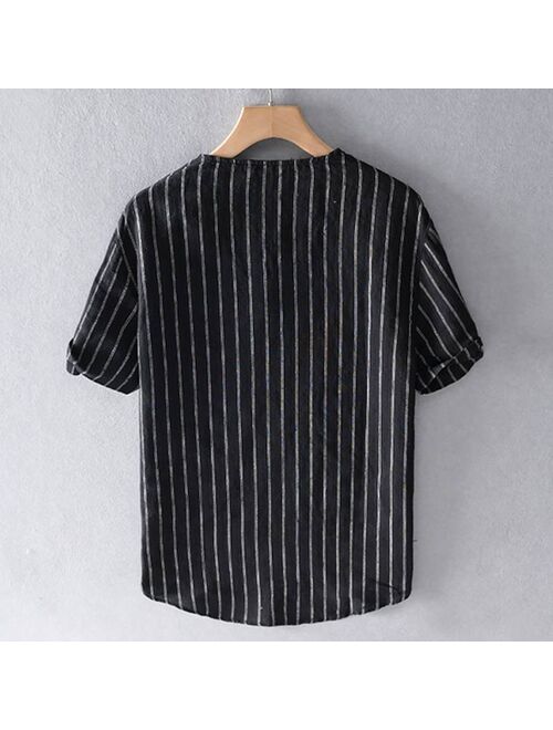 Summer Men Striped Shirt Brand V Neck Breathable Chic Short Sleeve Camisas Vintage Streetwear Casual Pullover S-5XL