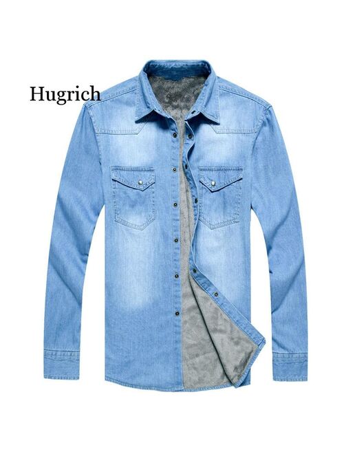 Top Quality Fashion Winter Jeans Shirt Men Warm Fleece Lined Velvet Denim Shirts 4Xl Male Bottoming Shirt