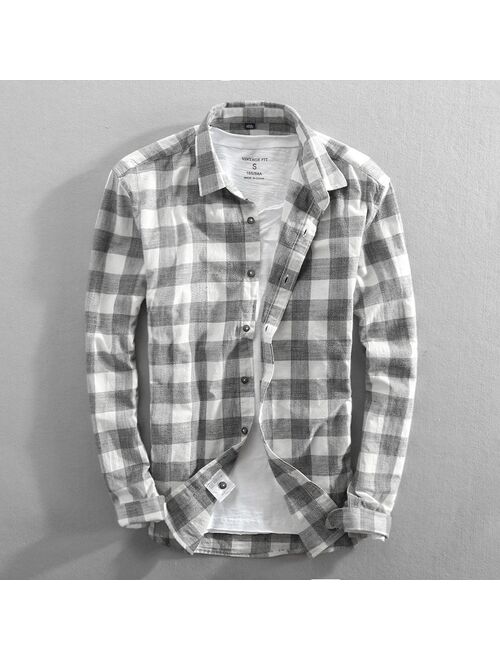 Vintage China Style Classic Plaid Cotton Mens Shirt Spring New Long Sleeve Men's Shirt Casual Slim Fit Brand Clothes
