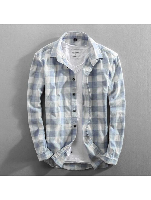 Vintage China Style Classic Plaid Cotton Mens Shirt Spring New Long Sleeve Men's Shirt Casual Slim Fit Brand Clothes