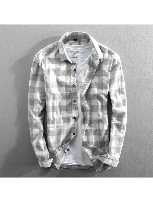 Vintage China Style Classic Plaid Cotton Mens Shirt Spring New Long Sleeve Men's Shirt Casual Slim Fit Brand Clothes