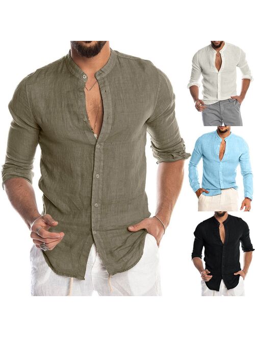 New Men's Casual Blouse Cotton Linen Shirt Loose Tops Short Sleeve Tee Shirt Spring Autumn Summer Casual Handsome Men Shirt