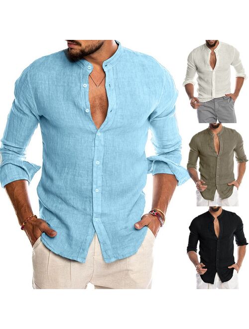 New Men's Casual Blouse Cotton Linen Shirt Loose Tops Short Sleeve Tee Shirt Spring Autumn Summer Casual Handsome Men Shirt