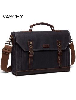 VASCHY Briefcase for Men Vintage Canvas Messenger Bag Laptop Satchel Shoulder Bag Bookbag with Detachable Strap Briefcase Men