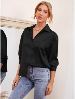 Drop Shoulder Button Front Satin Blouse