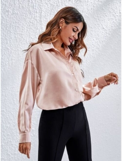 Drop Shoulder Button Front Satin Blouse