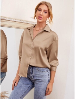 Drop Shoulder Button Front Satin Blouse