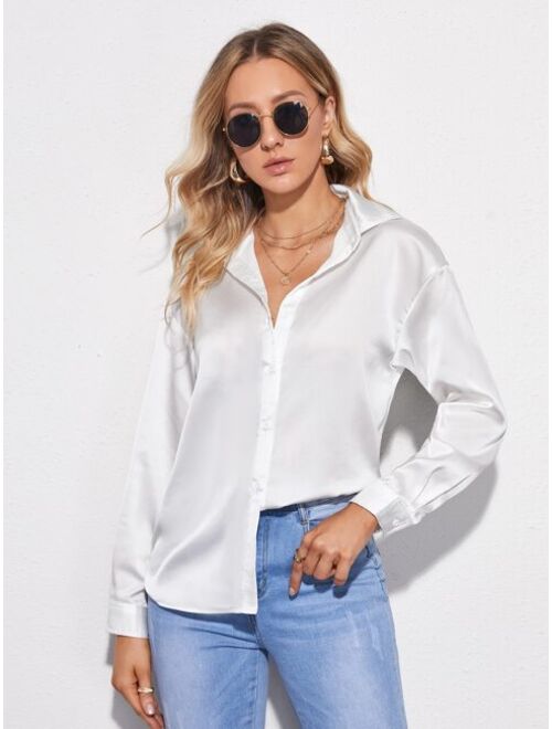 Shein Drop Shoulder Button Front Satin Blouse