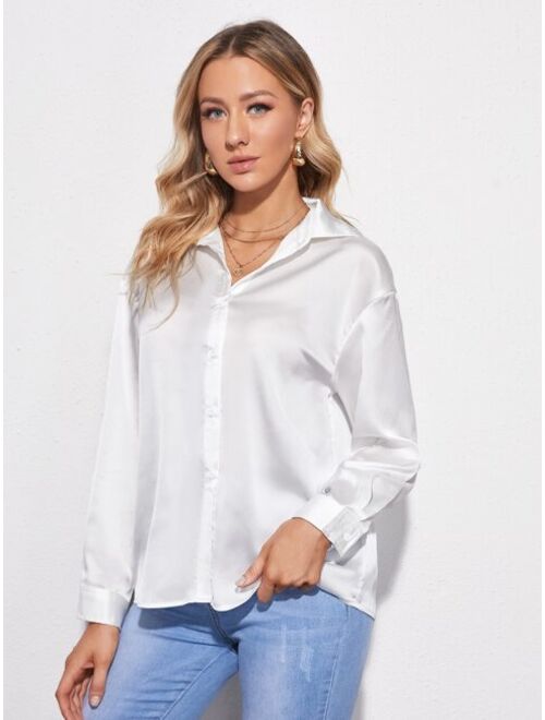 Shein Drop Shoulder Button Front Satin Blouse