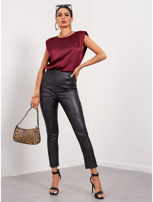 Shein Solid Sleeveless Shoulder Pad Satin Top