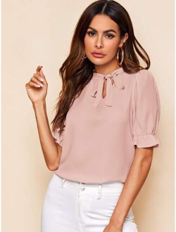 Tie Neck Ruffle Cuff Solid Top