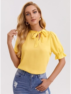 Tie Neck Ruffle Cuff Solid Top