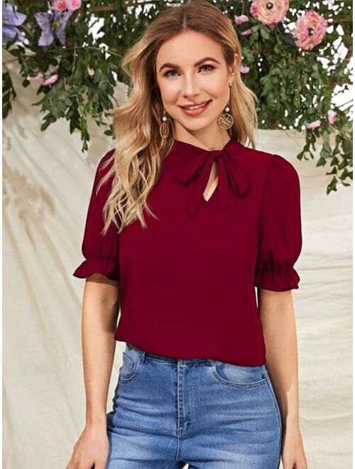 Shein Tie Neck Ruffle Cuff Solid Top