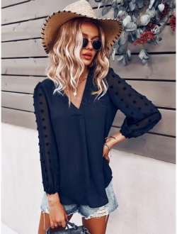 Swiss Dot Curved Hem Blouse