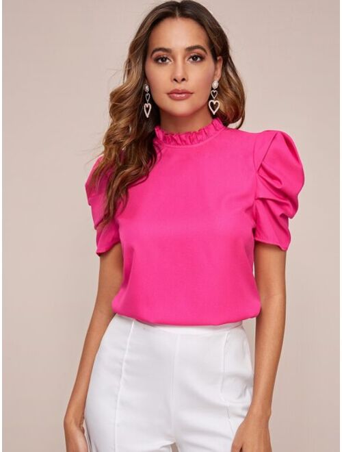 Buy Shein Neon Pink Frilled Neck Puff Sleeve Top online | Topofstyle