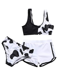 Girl's 3 Piece Swimsuits Cow Print Bikini Bathing Suit with Shorts