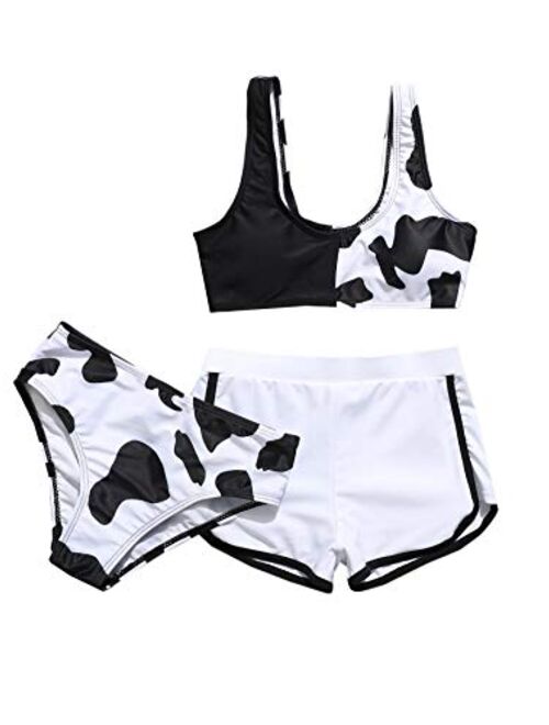 SOLY HUX Girl's 3 Piece Swimsuits Cow Print Bikini Bathing Suit with Shorts