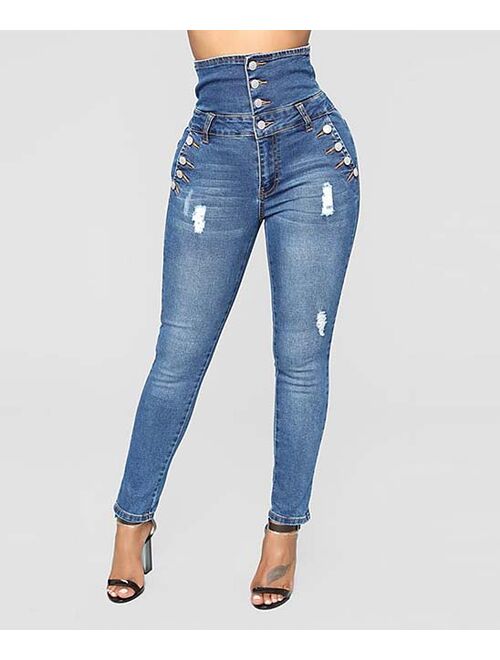 Charlie Charlie Charlotte Blue Distressed Button-Accent High-Waist Skinny Jeans - Women