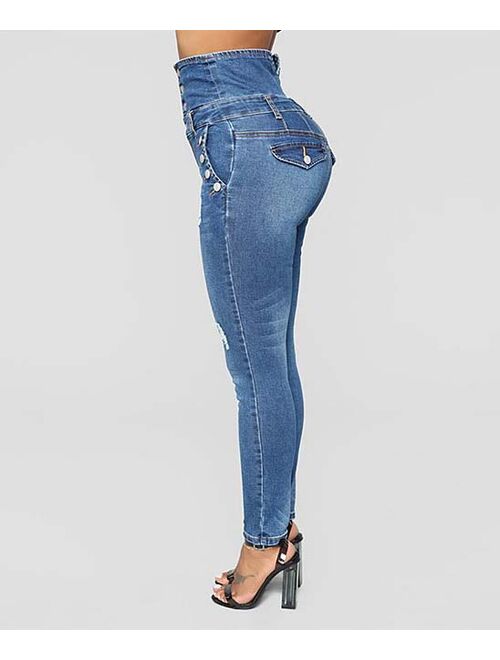 Charlie Charlie Charlotte Blue Distressed Button-Accent High-Waist Skinny Jeans - Women