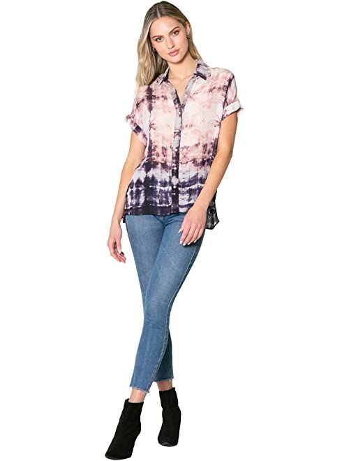 LAVENDER BROWN Watercolor Plaid Short Sleeve Button Down Top