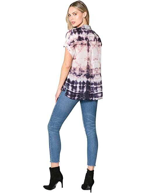 LAVENDER BROWN Watercolor Plaid Short Sleeve Button Down Top