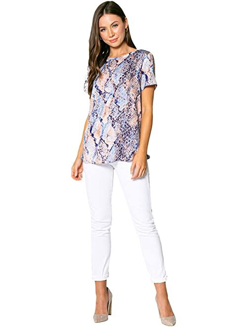 LAVENDER BROWN Blue Snake Printed Basic Short Sleeve Top