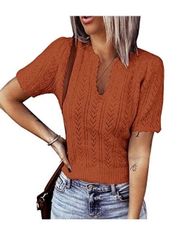 Foshow Womens Puff Short Sleeve Sweaters Tops Summer Soft Crew Neck Dot Pullover Shirt Lightweight Knit Sweater Blouse