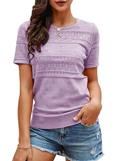 Foshow Womens Puff Short Sleeve Sweaters Tops Summer Soft Crew Neck Dot Pullover Shirt Lightweight Knit Sweater Blouse