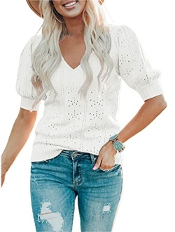 Foshow Womens Puff Short Sleeve Sweaters Tops Summer Soft Crew Neck Dot Pullover Shirt Lightweight Knit Sweater Blouse