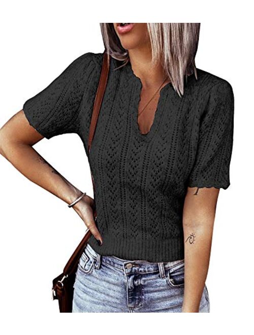 Foshow Womens Puff Short Sleeve Sweaters Tops Summer Soft Crew Neck Dot Pullover Shirt Lightweight Knit Sweater Blouse