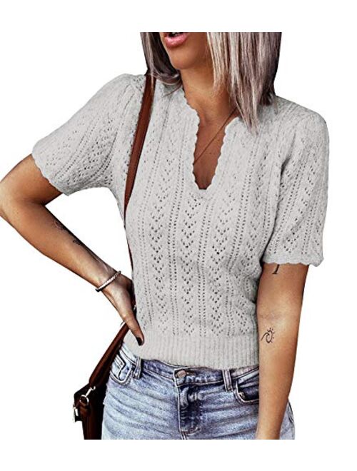 Foshow Womens Puff Short Sleeve Sweaters Tops Summer Soft Crew Neck Dot Pullover Shirt Lightweight Knit Sweater Blouse