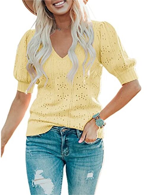 Foshow Womens Puff Short Sleeve Sweaters Tops Summer Soft Crew Neck Dot Pullover Shirt Lightweight Knit Sweater Blouse