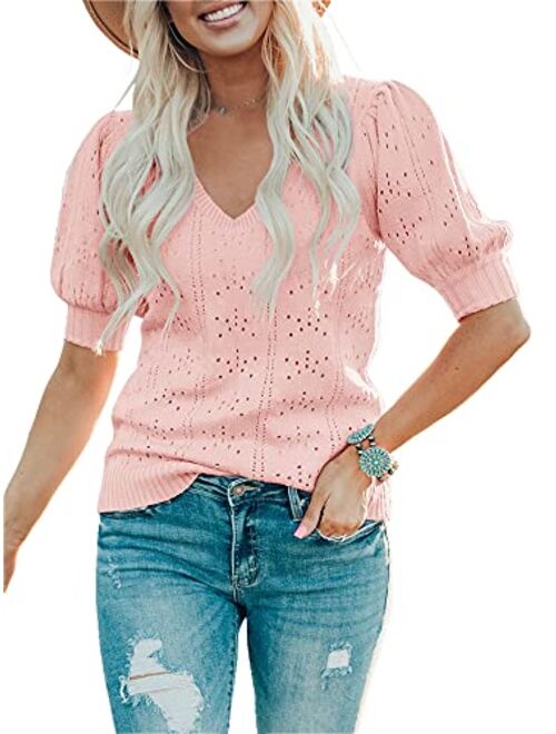 Foshow Womens Puff Short Sleeve Sweaters Tops Summer Soft Crew Neck Dot Pullover Shirt Lightweight Knit Sweater Blouse