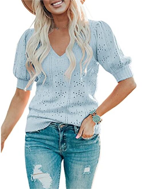 Foshow Womens Puff Short Sleeve Sweaters Tops Summer Soft Crew Neck Dot Pullover Shirt Lightweight Knit Sweater Blouse