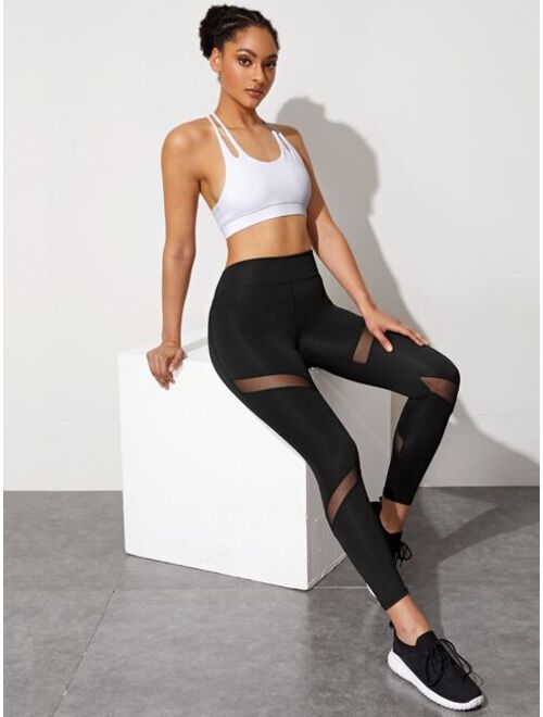 Shein Contrast Mesh Wide Band Waist Sports Leggings